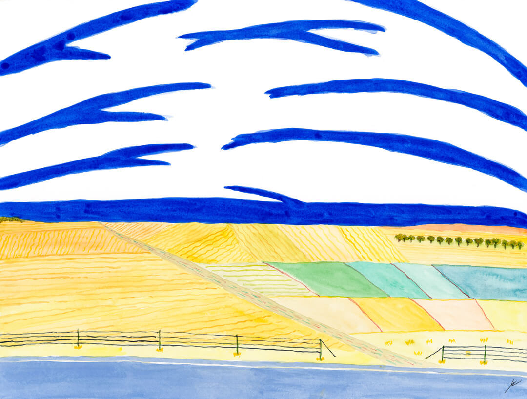 Patchwork Fields by the Road, North Dakota - A Watercolor Painting by Bro Halff