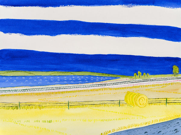 Hay Field, Tracks, and Lake, North Dakota